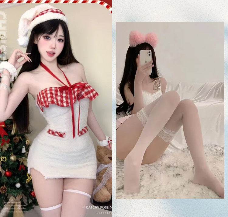Sexy Hanging Neck off-Shoulder Tube-Shoulder Velvet Hip Dress Christmas Dress COS Halloween Sex Lingerie Christmas War Dress