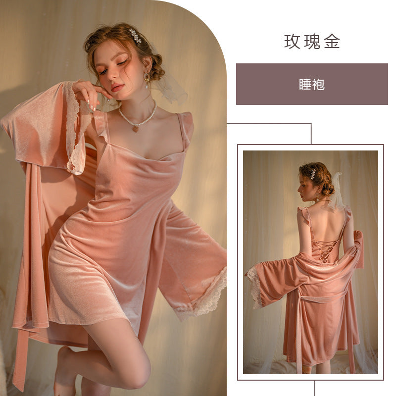 Ying sexy pajamas suit women's Velvet Pure desire wooden ear strap nightdress lace stitching deep V home wear
