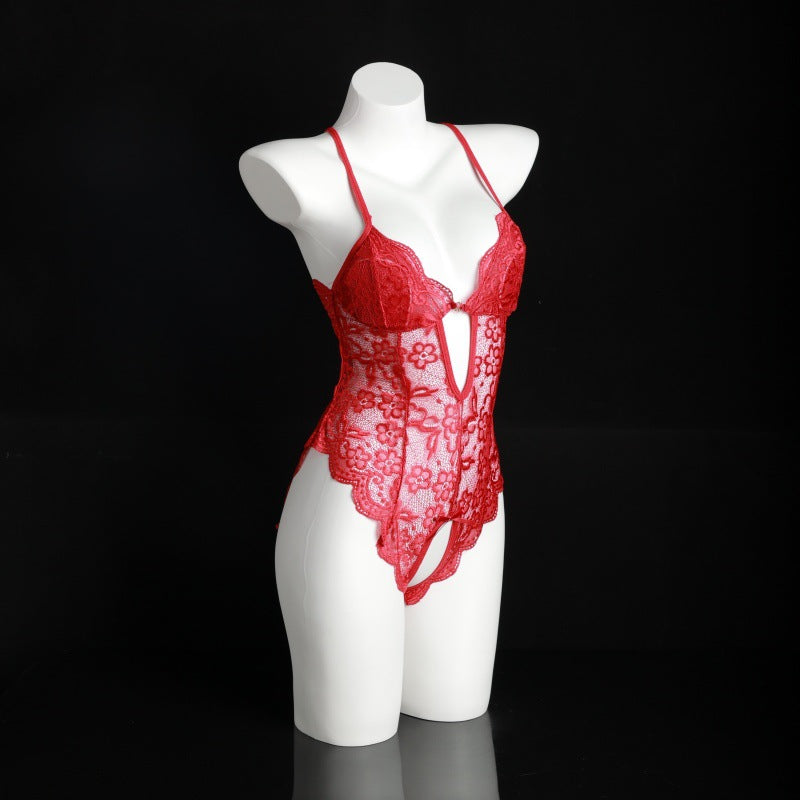 LS Sexy Lingerie Sexy Lace Passion Temptation Open File One-Piece Hot See-Through Pajamas No Need to Take Off 8842