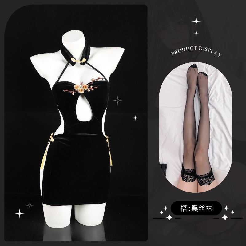 LS Embroidered Chest High Slit Velvet Cheongsam Sexy Underwear Women's Sexy Naked Back Flirting Pajamas 8330