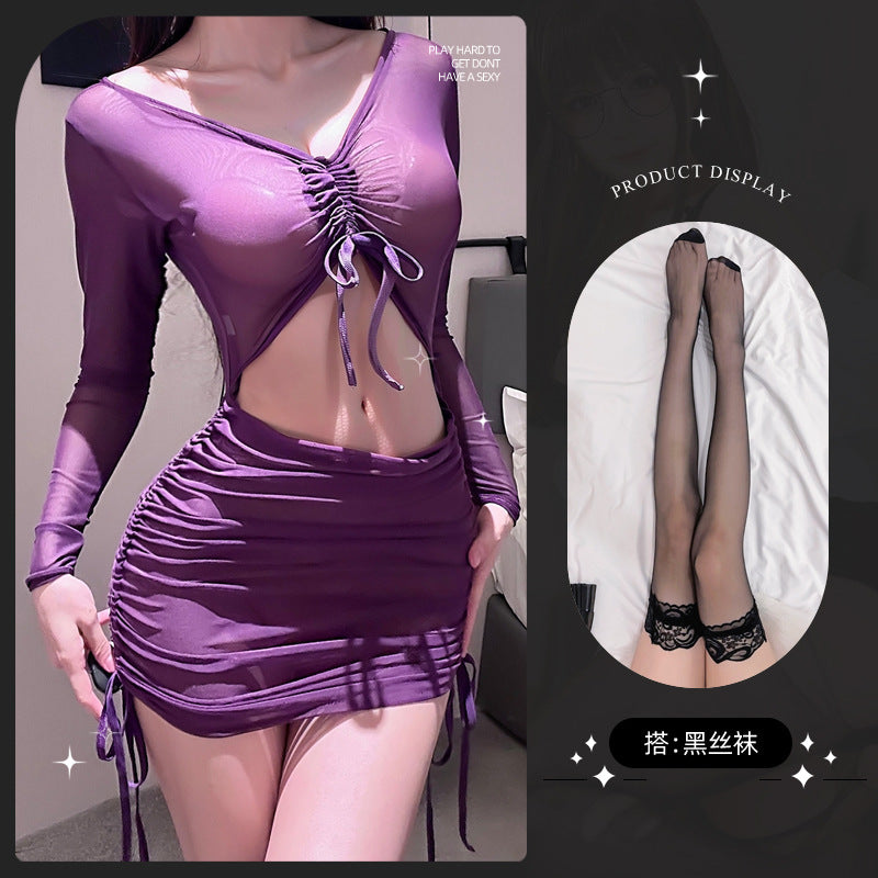 LS Sexy Lingerie Uniform Sexy Purple Mesh See-Through Qqny Pajamas Pure Desire Hip Skirt Women 8294
