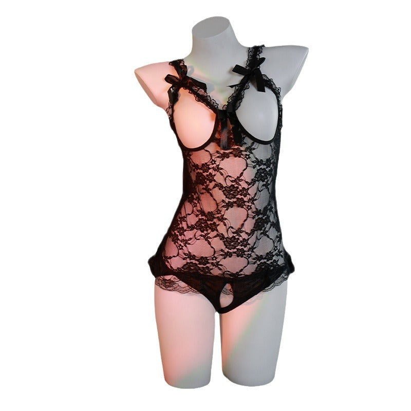 LS Plus Size Sexy Lingerie Lace Temptation No-Remove Sexy Flirting Pajamas Open Crotch Jumpsuit Uniform 81