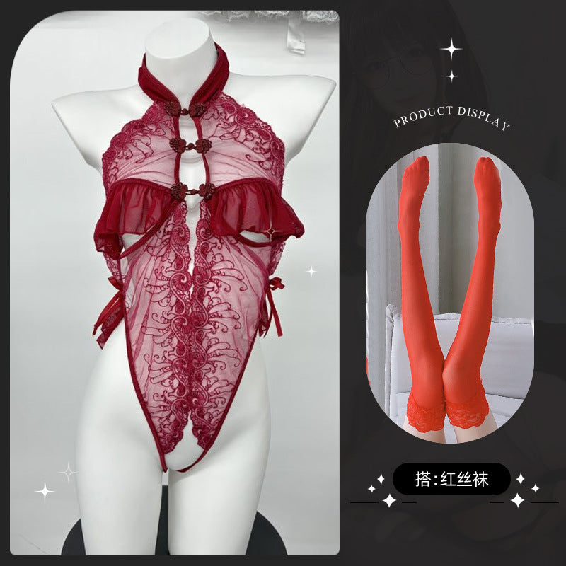 LS Sexy Lingerie Sexy Cheongsam Lace Pure Desire Temptation Open Nightgown Sweet Backless Uniform 8138