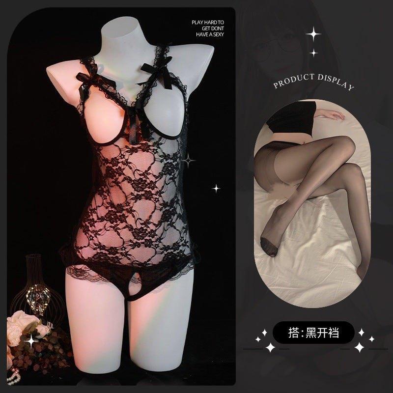 LS Plus Size Sexy Lingerie Lace Temptation No-Remove Sexy Flirting Pajamas Open Crotch Jumpsuit Uniform 81