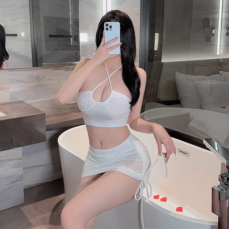 Ying Sexy Deep V-Hanging Neck Sexy Suit Drawstring Hip Skirt Hot Passion Free from Pure Desire Sexy Underwear for Women
