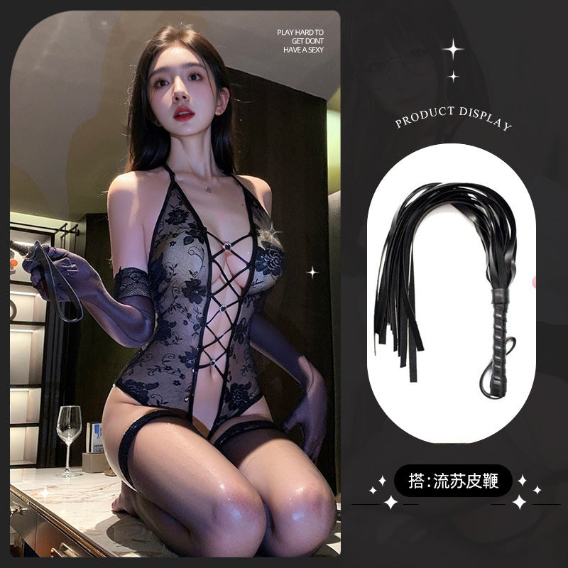 LS Sexy Lingerie Sexy Purple Lace Jumpsuit Small Breast Female Uniform Pure Desire Qqny Strap Suit
