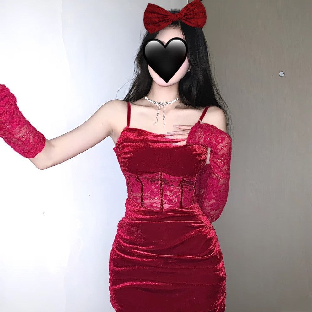 Jifeiman Red Christmas Sex Lingerie Halloween Robe Sexy Pure Sex Clothes Velvet Sleeping Clothes Uniform