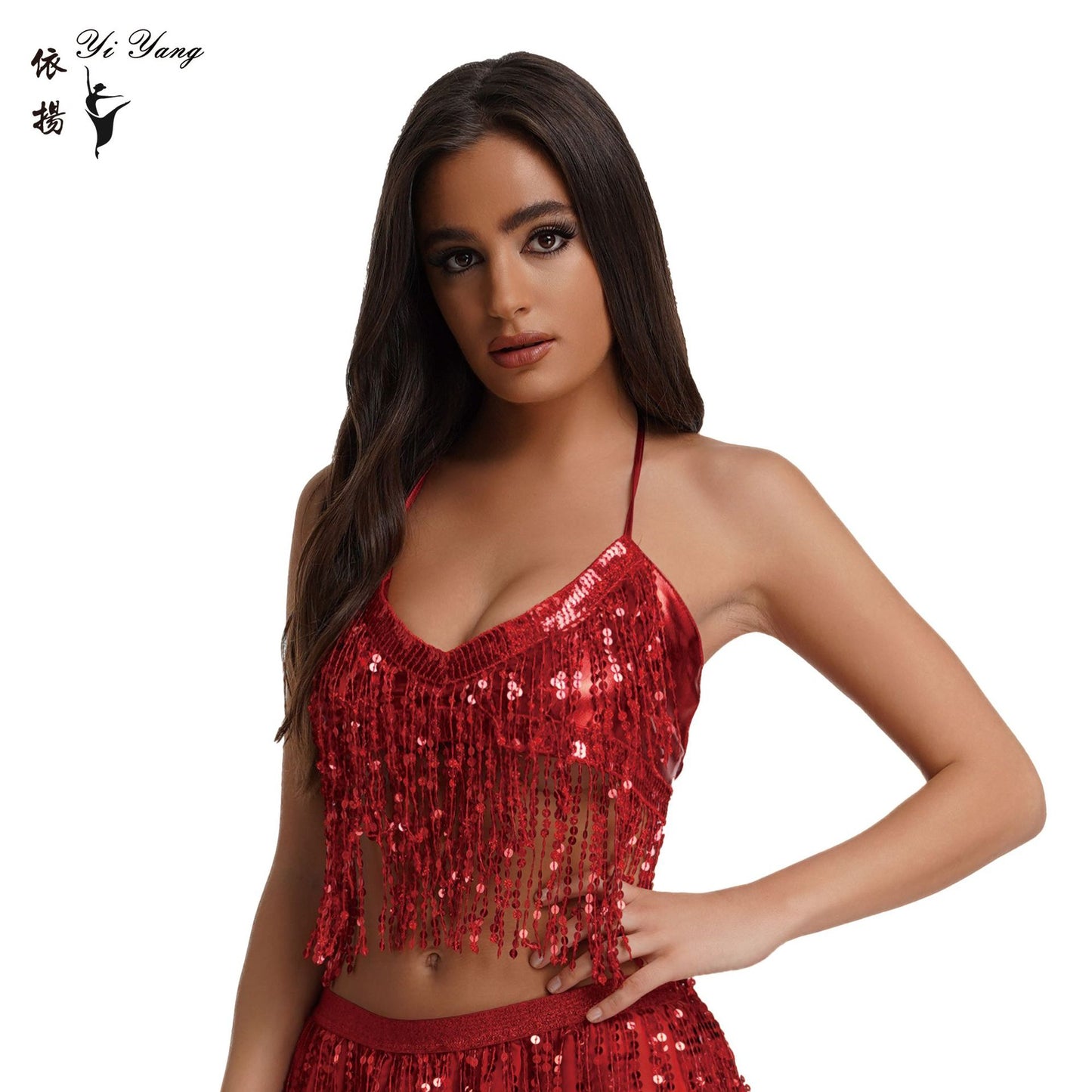 Halloween European and American sequined performance top belly dance tassel top nightclub stage strap party bra