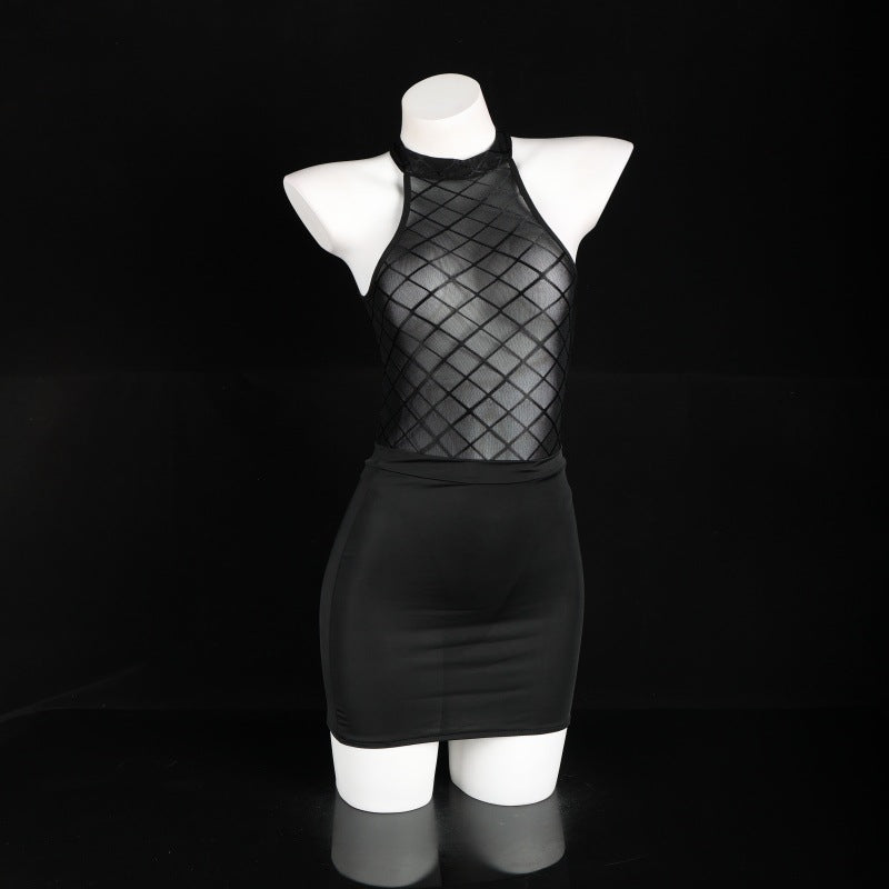 LS Sexy Lingerie Sexy Pure Desire See-Through Mesh Jumpsuit Hip-Covering Short Skirt Secretary Suit 8073