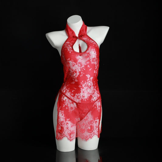 LS Sexy Lingerie Lace Cheongsam Hollow See-Through Temptation Slit Uniform Temptation Pajamas Set