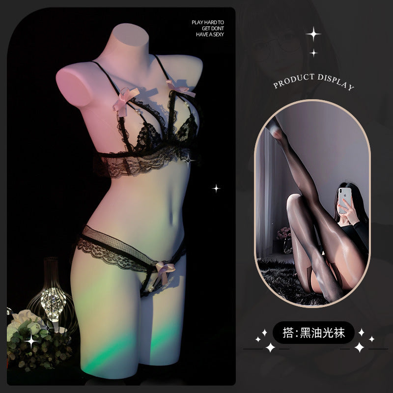 LS Sexy Sexy Underwear Three-Point Lace Panties Sexy Small Breast Charming Pearl Open Bikini