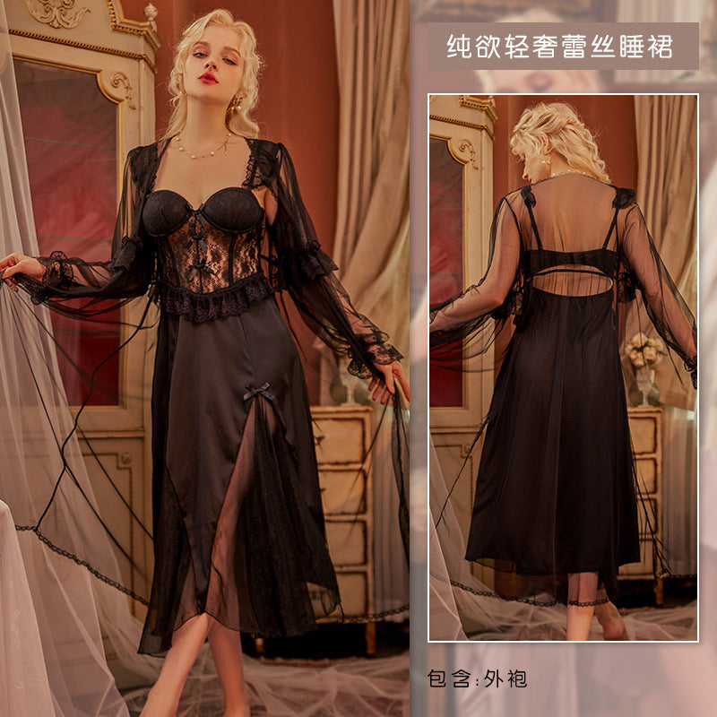 3060 Ying Sexy Home Clothes Entry Luxury French Style Long Nightgown with Chest Pad Push-up Steel Ring Pure Sling Nightgown