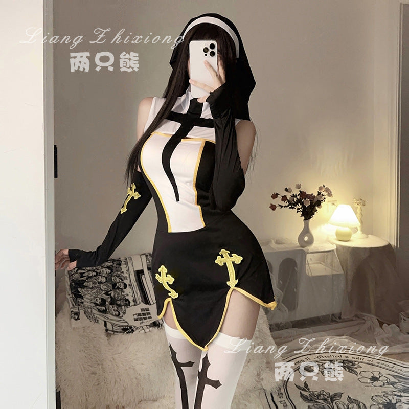 Halloween Costume Sex Game Uniform Cosplay Nun Costume Black and White Women's Dress Stage Performance Clothes