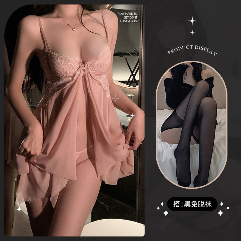 LS Sexy Lingerie Sexy Uniform Temptation Pajamas Pure Desire Small Breasts Show Big Transparent Lace Nightgown 8021