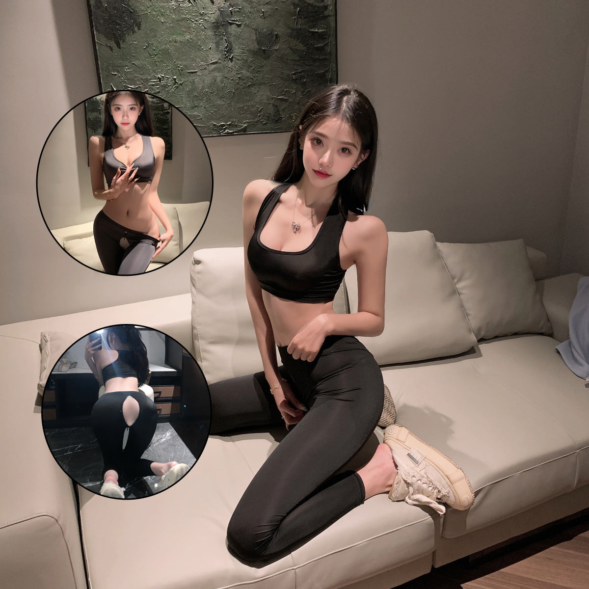 LS Sexy Lingerie Sexy No-Take-Off Zipper Exposed Buttocks Open Crotch Yoga Pants Stretch Women's Fitness Suit 8649