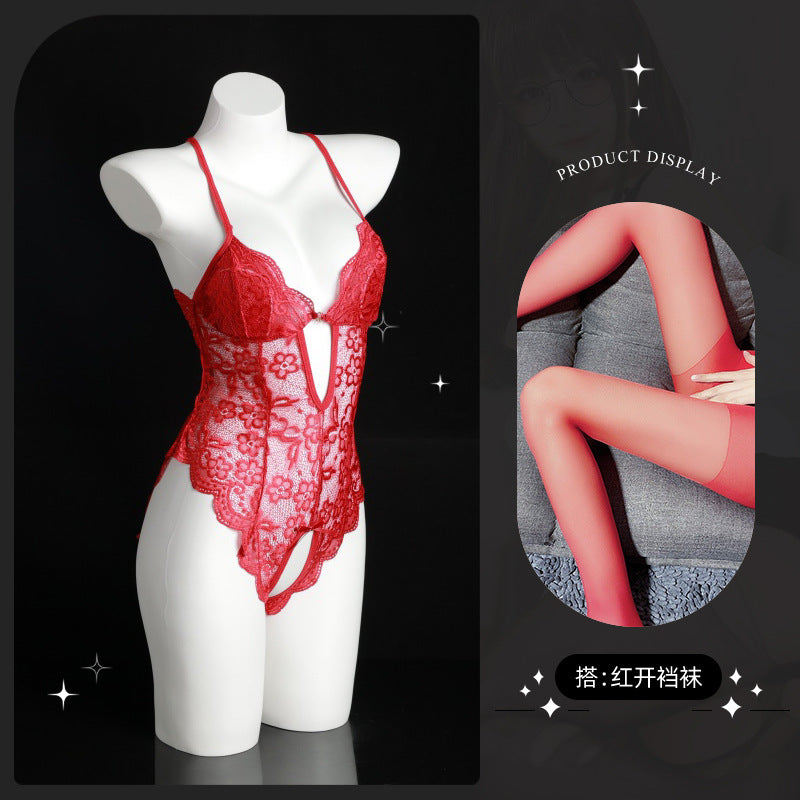 LS Sexy Lingerie Sexy Lace Passion Temptation Open File One-Piece Hot See-Through Pajamas No Need to Take Off 8842