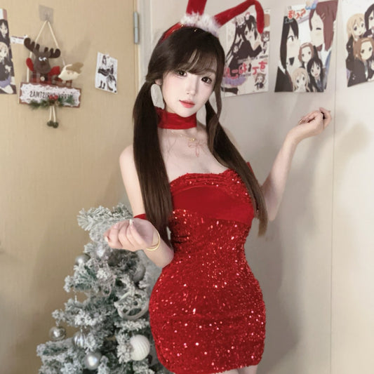 New Year Sexy Lingerie Velvet Sequins Christmas Bunny Sexy Lingerie Pajamas Tempting Outer Wear