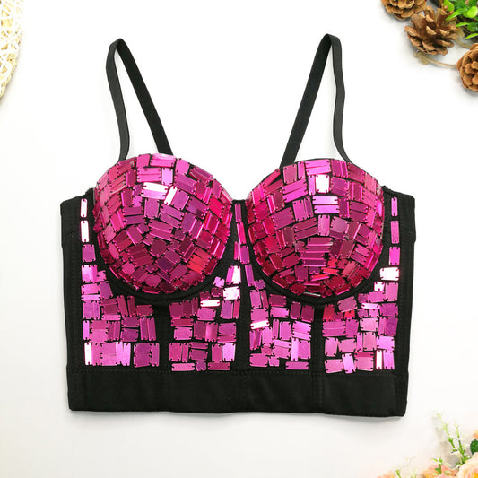 Glass sequined Fishbone sling top nightclub disco dancing sexy corset stage style Halloween girdle short tube top