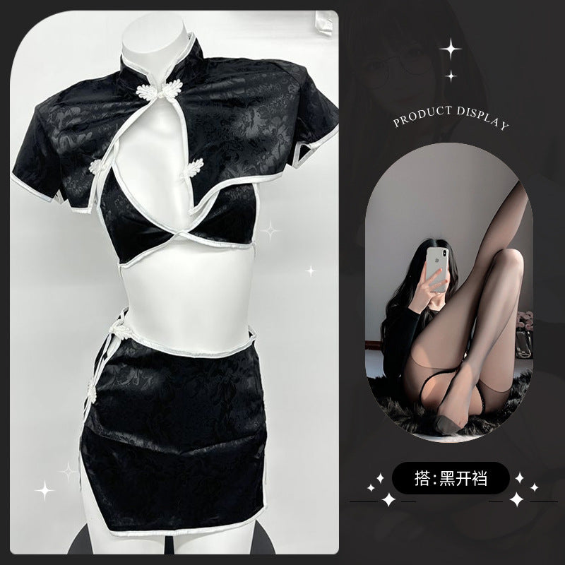 LS Sexy Lingerie Retro Jacquard Button Slit Cheongsam Style High-Slit Sexy Vintage Uniform 8202