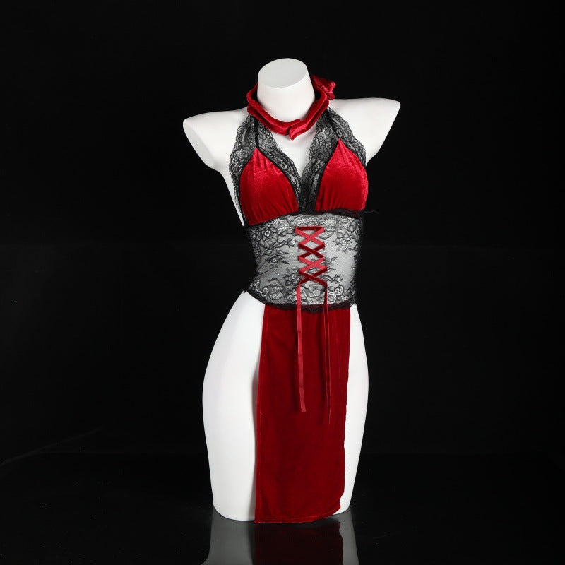 LS Sexy Underwear Lace Perspective Super Spicy Temptation High Waist Split Free Rose Dancer Cheongsam 9252