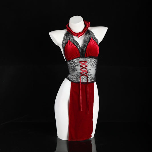 LS Sexy Underwear Lace Perspective Super Spicy Temptation High Waist Split Free Rose Dancer Cheongsam 9252