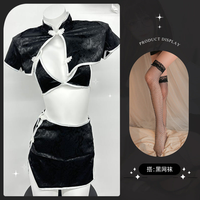 LS Sexy Lingerie Retro Jacquard Button Slit Cheongsam Style High-Slit Sexy Vintage Uniform 8202