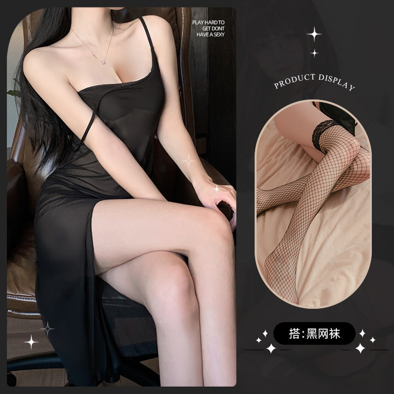 LS Sexy Lingerie Mesh Suspender Skirt Perspective Temptation Split Long Skirt Thin Pajamas Women's 8010