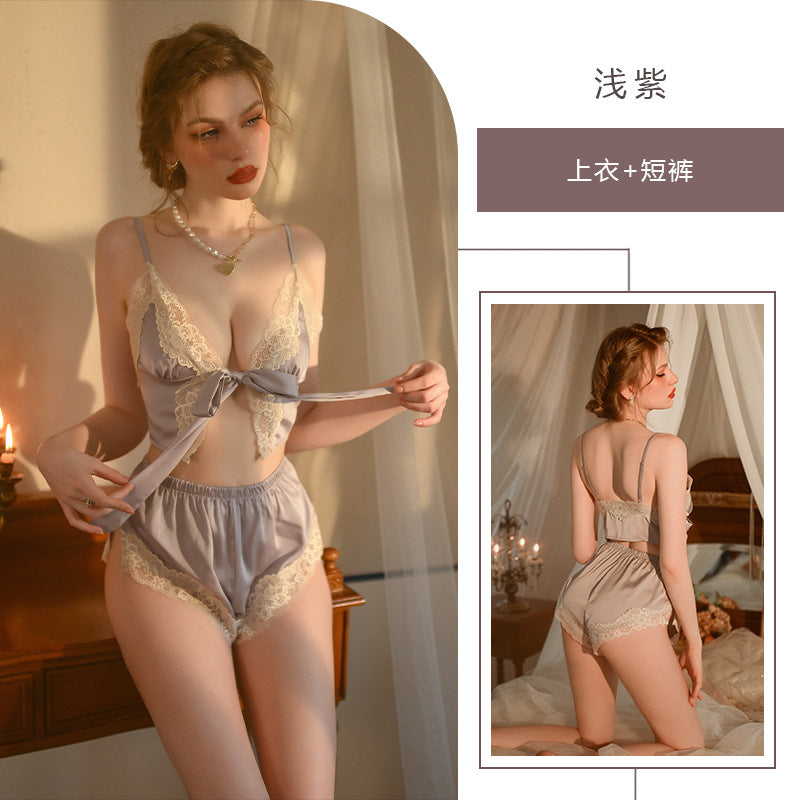 2318 Ying sexy pajamas women's summer ice silk condole belt nightgown lace perspective home clothing set a generation of hair