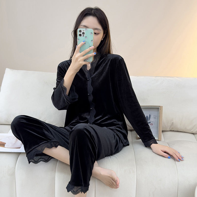 Hin Ying Velvet Pajamas Autumn and Winter Women's Lace Cardigan Long-Sleeved suit Sexy Elegant Outwear plus size Home Clothes