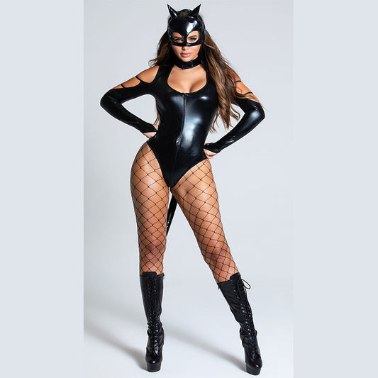 European and American sexy cat girl cosplay costume masked women's nightclub Halloween bright leather sexy underwear