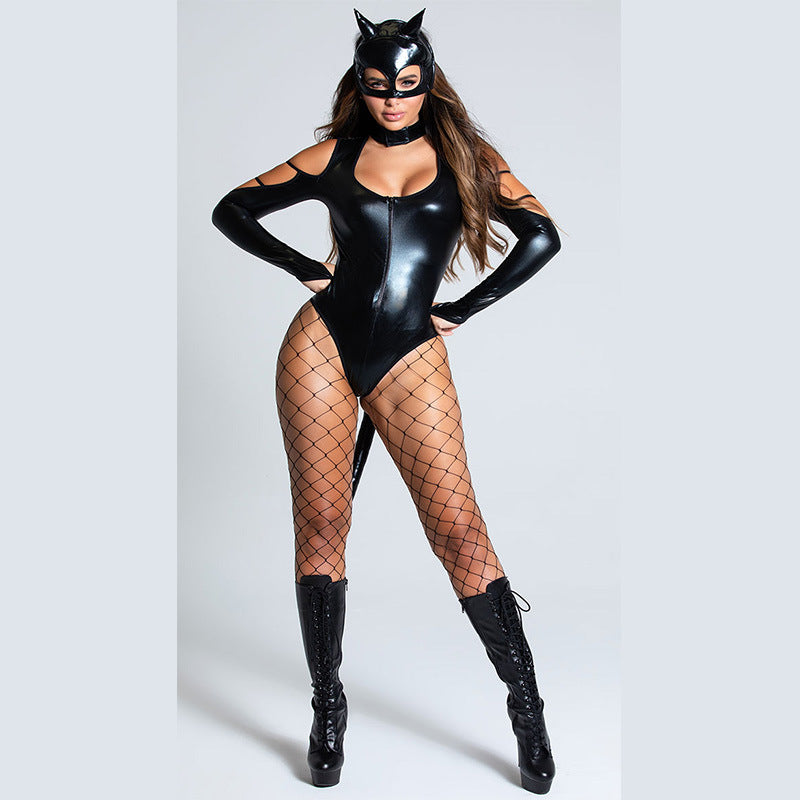 European and American sexy cat girl cosplay costume masked women's nightclub Halloween bright leather sexy underwear