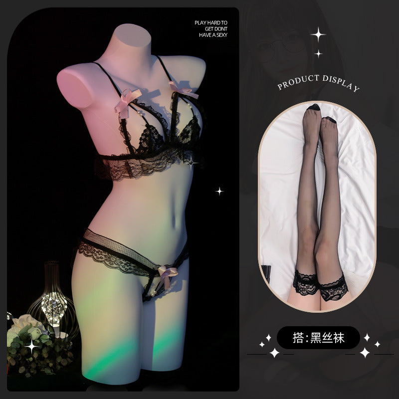 LS Sexy Sexy Underwear Three-Point Lace Panties Sexy Small Breast Charming Pearl Open Bikini