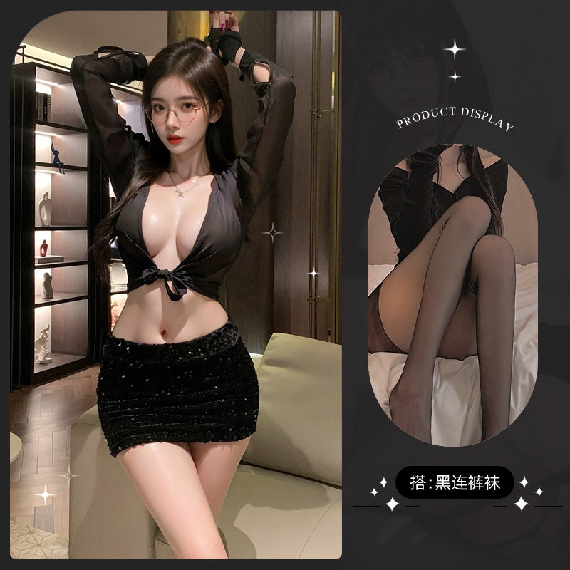 LS Sexy Lingerie Deep V Breast Exposing Sexy Secretary Outfit Couple Bed Flirting Suit Hip Skirt 9439