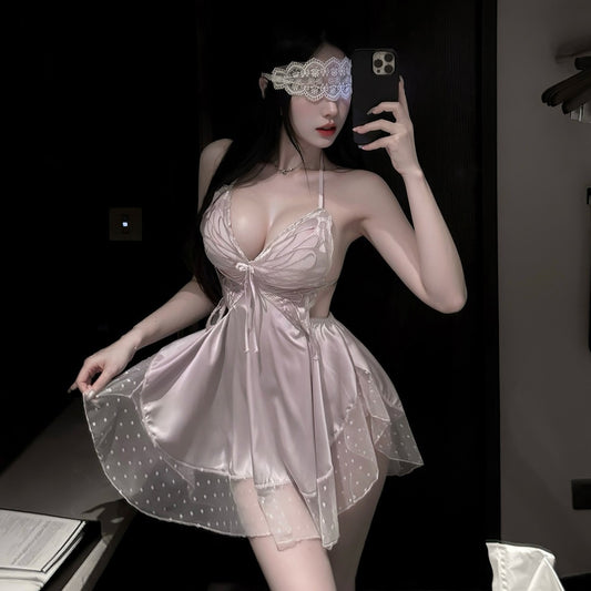 LS Sexy Lingerie Sexy Backless Home Clothes French Bow Push-Up Breast Pad Temptation Home Nightgown