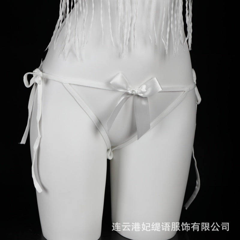 LS Sexy Lingerie Feminine Pure Desire Bellyband Tassel Open Crotch Temptation No-Take-Off Pajamas Three-Point See-Through Wear