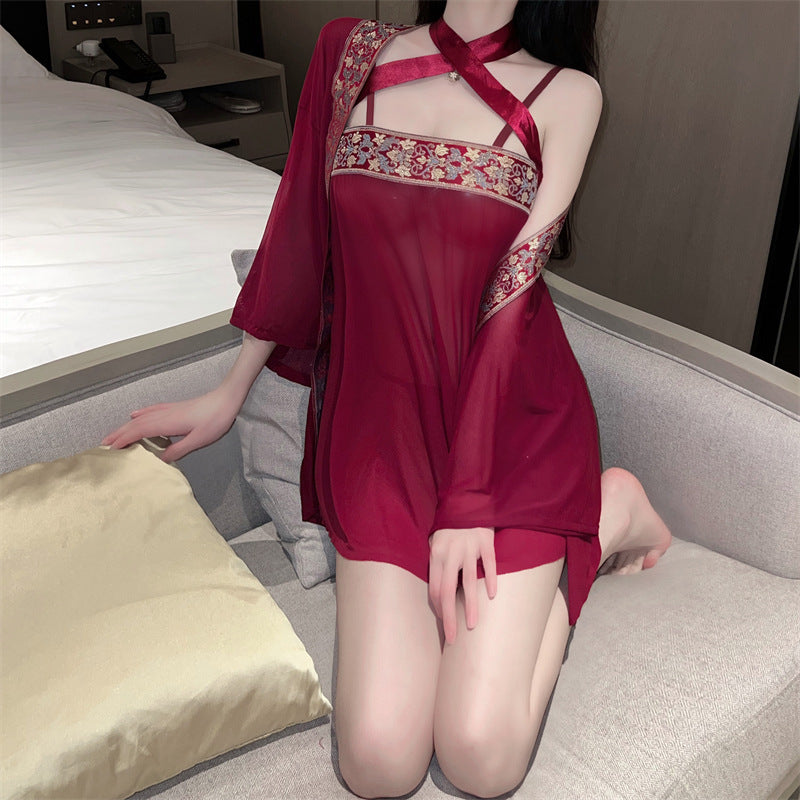 Sexy lingerie sexy three-piece uniform suit see-through soft yarn ancient style red tube top blouse pure desire Hanfu
