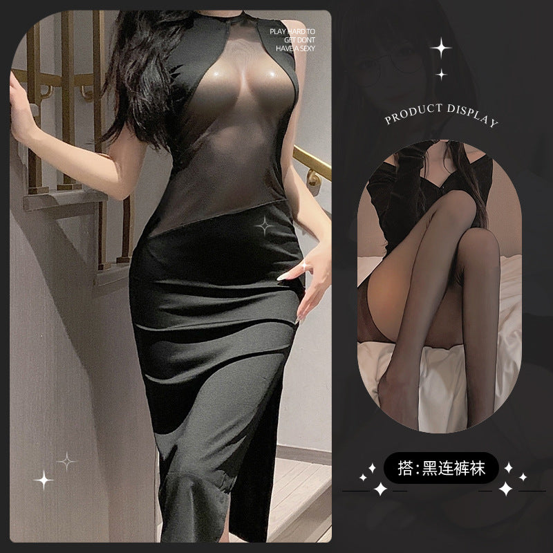 LS Sexy Lingerie Nightclub Sexy Uniform Temptation See-Through Breast-Revealing Pajamas Pure Desire Dress 8011