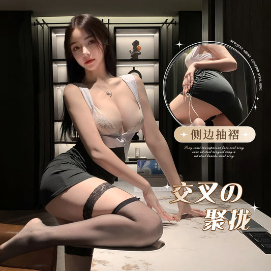 Ying Deep V Cross Cut Out Exposed Breasts Secretary Outfit Lace See-Through Sexy Hip-Covering Nightclub Dress Sexy Intimates