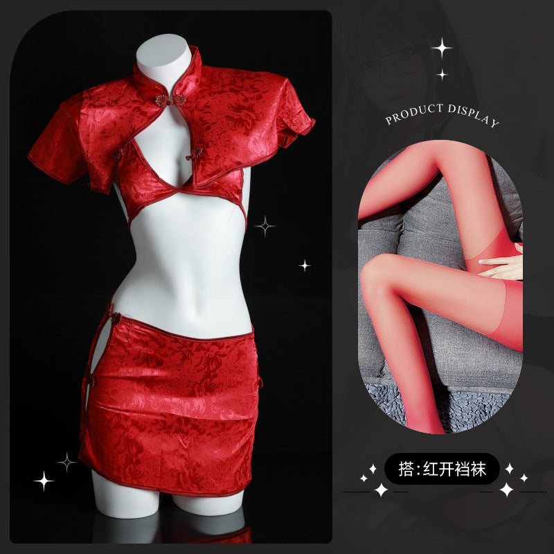 LS Sexy Lingerie Retro Jacquard Button Slit Cheongsam Style High-Slit Sexy Vintage Uniform 8202