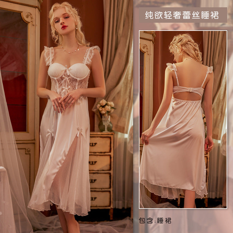 3060 Ying Sexy Home Clothes Entry Luxury French Style Long Nightgown with Chest Pad Push-up Steel Ring Pure Sling Nightgown
