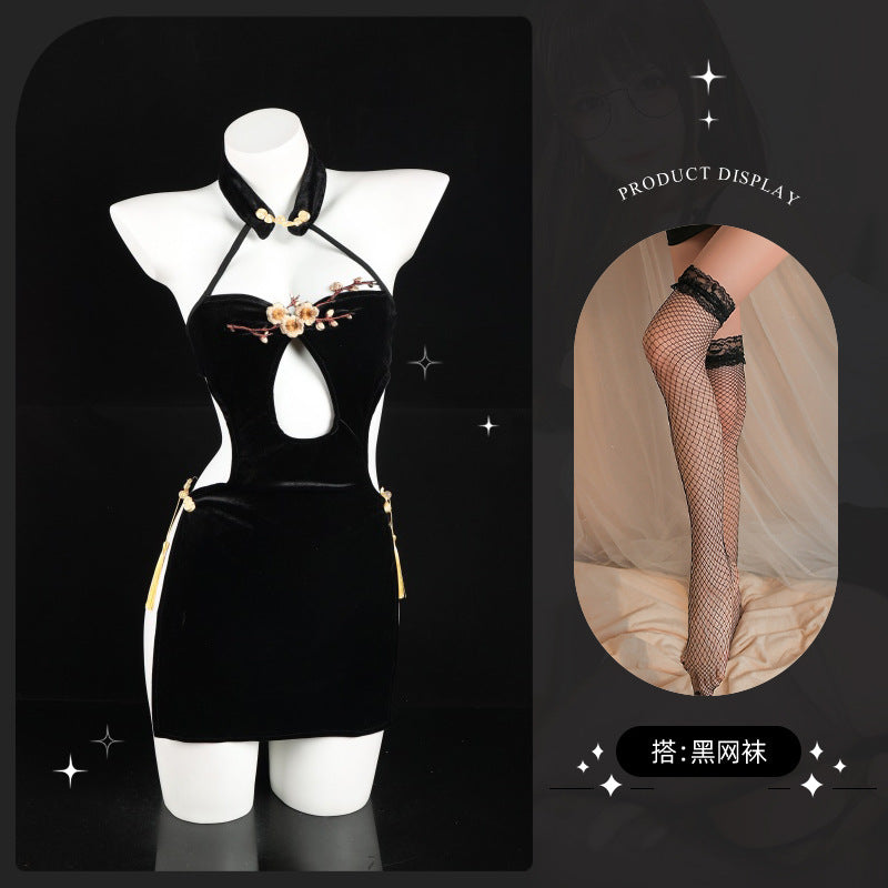 LS Embroidered Chest High Slit Velvet Cheongsam Sexy Underwear Women's Sexy Naked Back Flirting Pajamas 8330