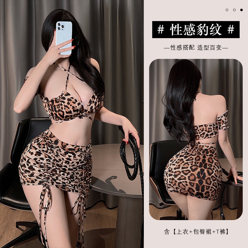 Ying Sexy Leopard Print Sex Suit Deep V Temptation Nightclub Drawstring Hip Skirt Role Playing Sex Suit Women