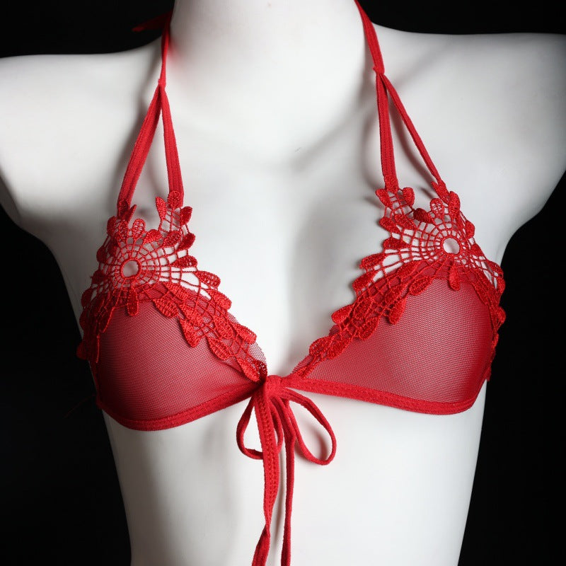 LS Sexy Underwear Feminine Three-Point Embroidered Flower Bikini Temptation Bra and Panty Set 9228