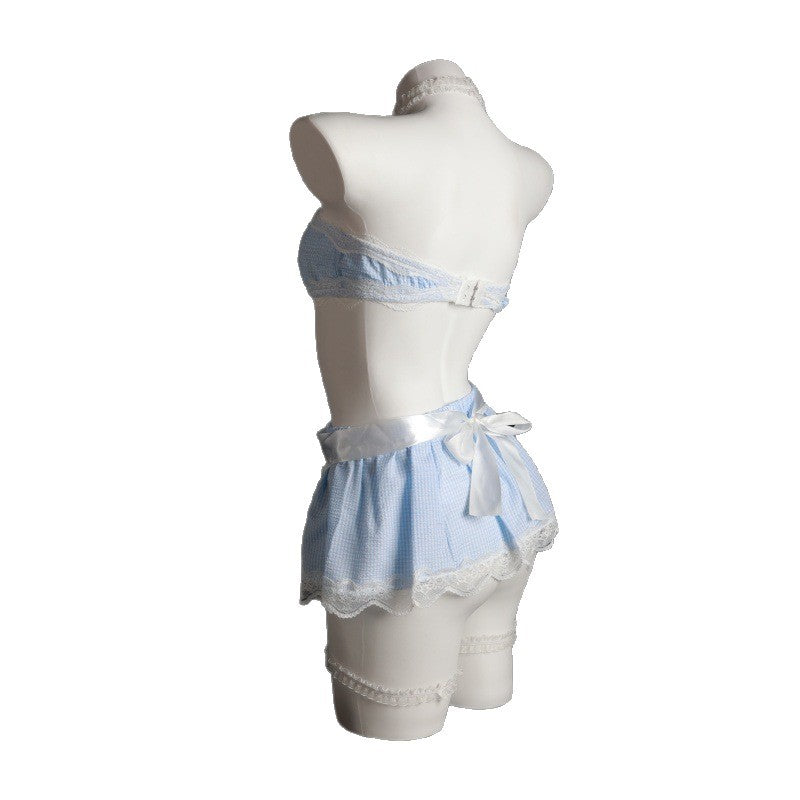 LS Sexy Lingerie Cosplay Plaid Maid Maid Uniform Pure Strap Apron Role Play