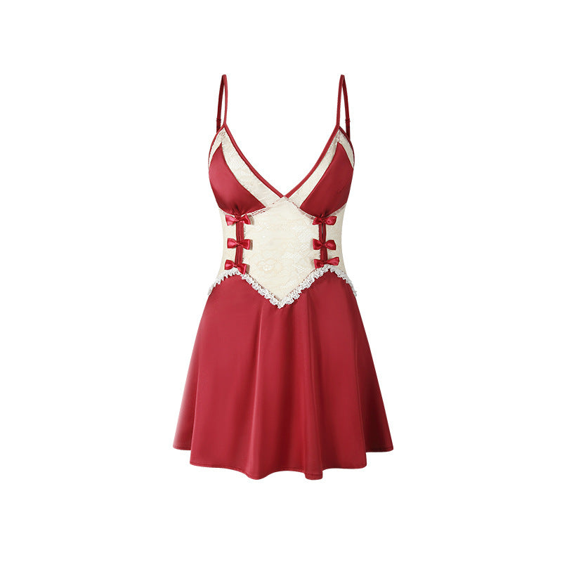 3054 Ying Sexy Pure Desire Lace Backless Strap Skirt Hollow Temptation with Breasts Cotton Bow Mesh Home Clothes