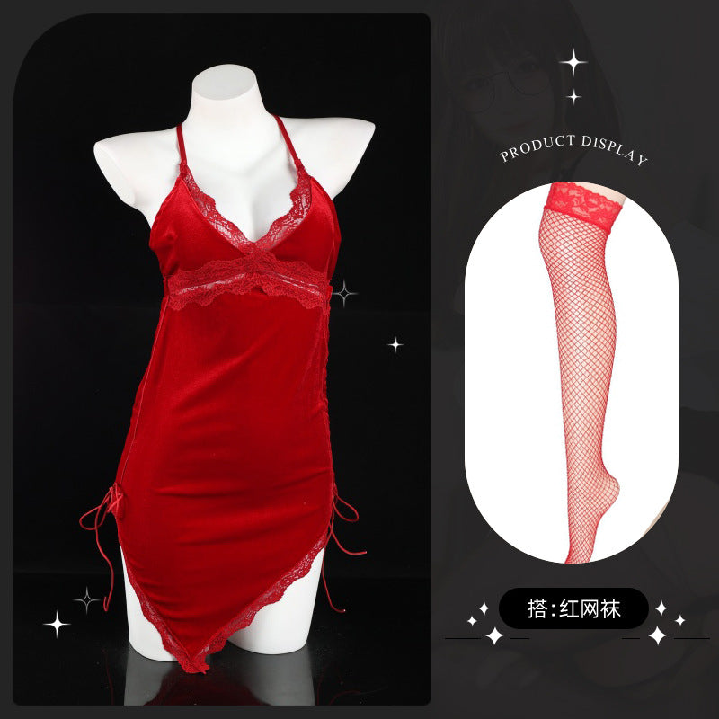 LS Retro French Sexy Lace Pajamas Women's Low Cut Pure Desire Velvet Backless Suspender Nightgown 8349