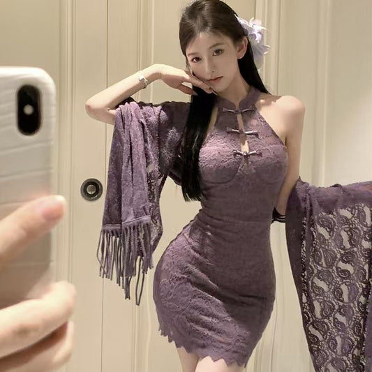 LS New Chinese Spice Girl Lace Shoulder Neck Purple Cheongsam Hip Skirt Pure Sex Lingerie 9293