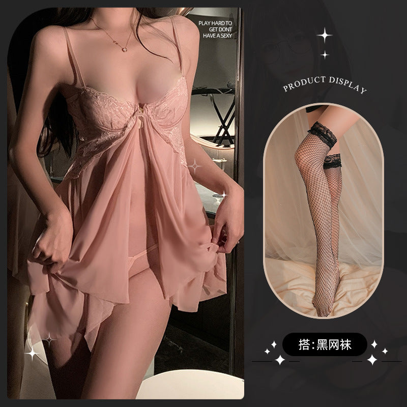 LS Sexy Lingerie Sexy Uniform Temptation Pajamas Pure Desire Small Breasts Show Big Transparent Lace Nightgown 8021