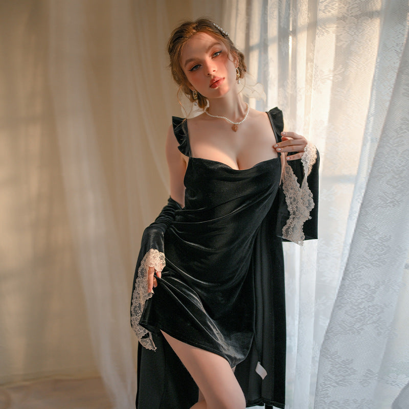 Ying sexy pajamas suit women's Velvet Pure desire wooden ear strap nightdress lace stitching deep V home wear