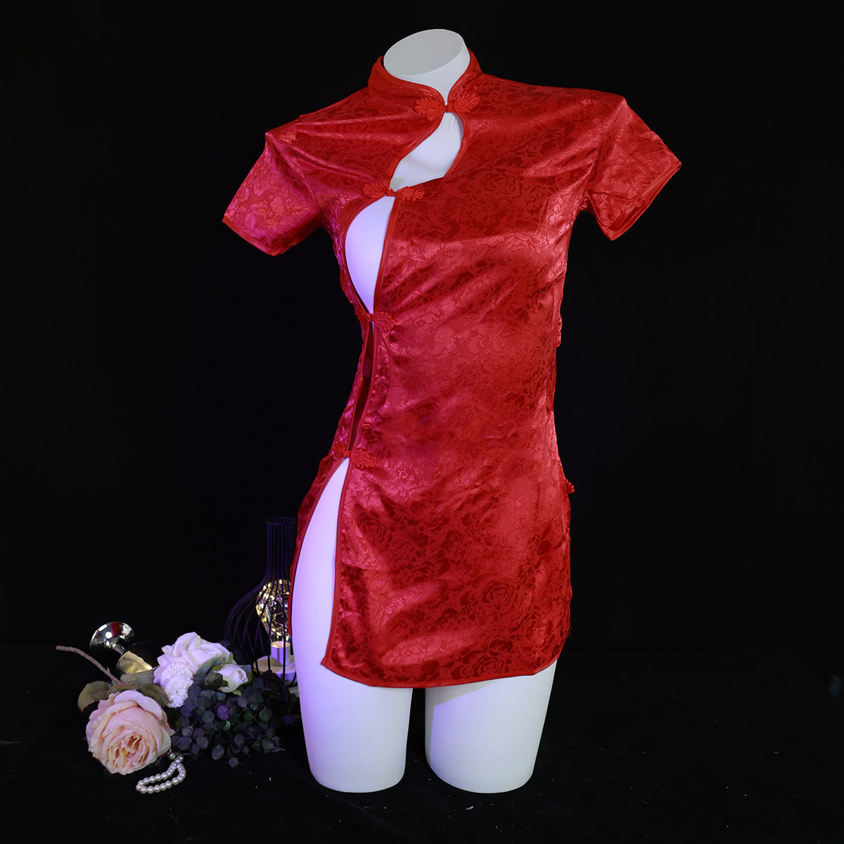 LS Sexy Retro Printed Cheongsam Pajamas Slim Fit Hot High Cut Temptation Ancient Style Hip Covering Sexy Underwear
